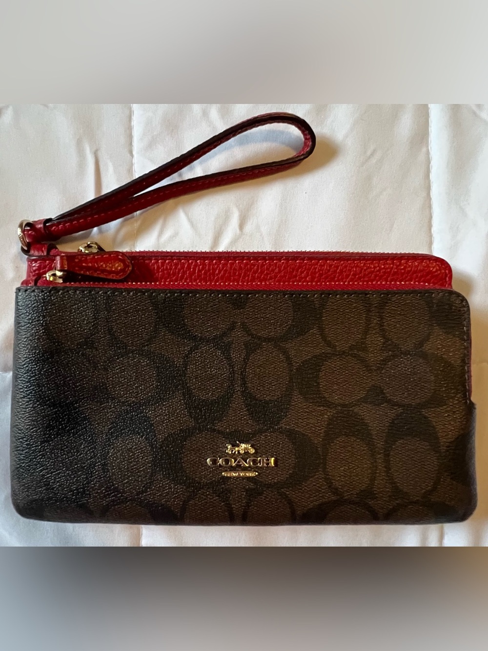 Coach Double Zip Wallet in Signature Canvas (Brown / 1941 Red)